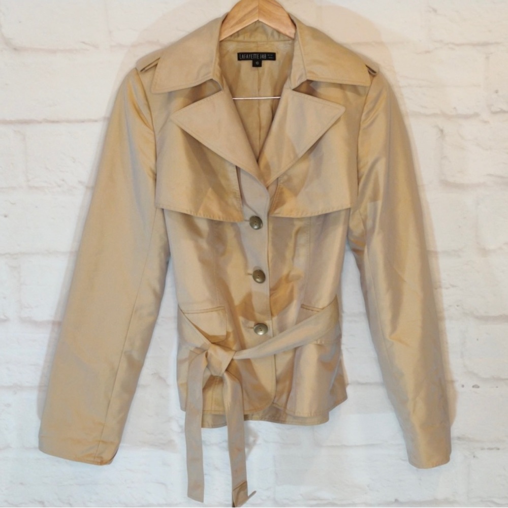 Lafayette 148 silk mix, shimmery tan, belted rain jacket, trench style